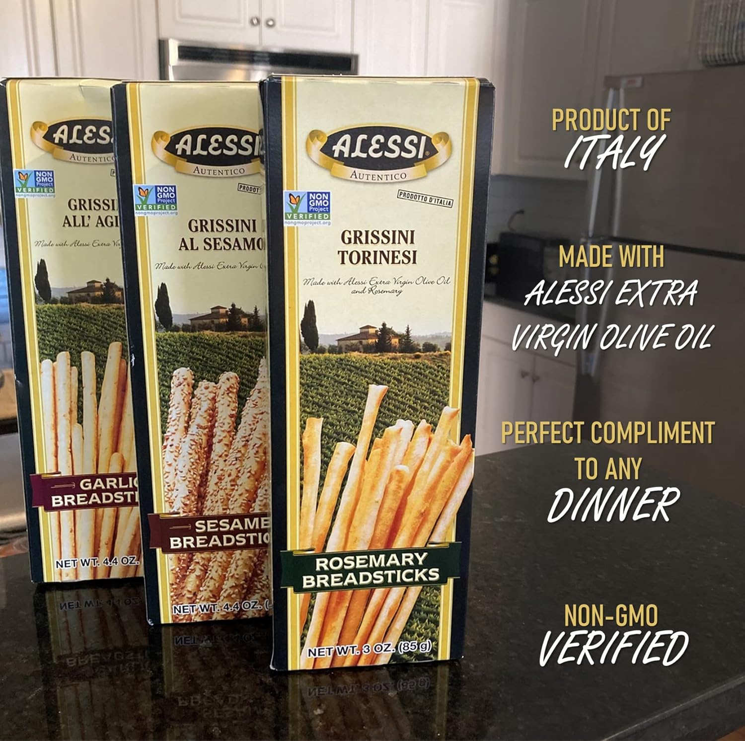 Alessi Imported Breadsticks, Rosemary Autentico Italian Crispy Bread Sticks, Low Fat Made with Extra Virgin Olive Oil, 3oz (Rosemary, 3 Ounce (Pack of 12))