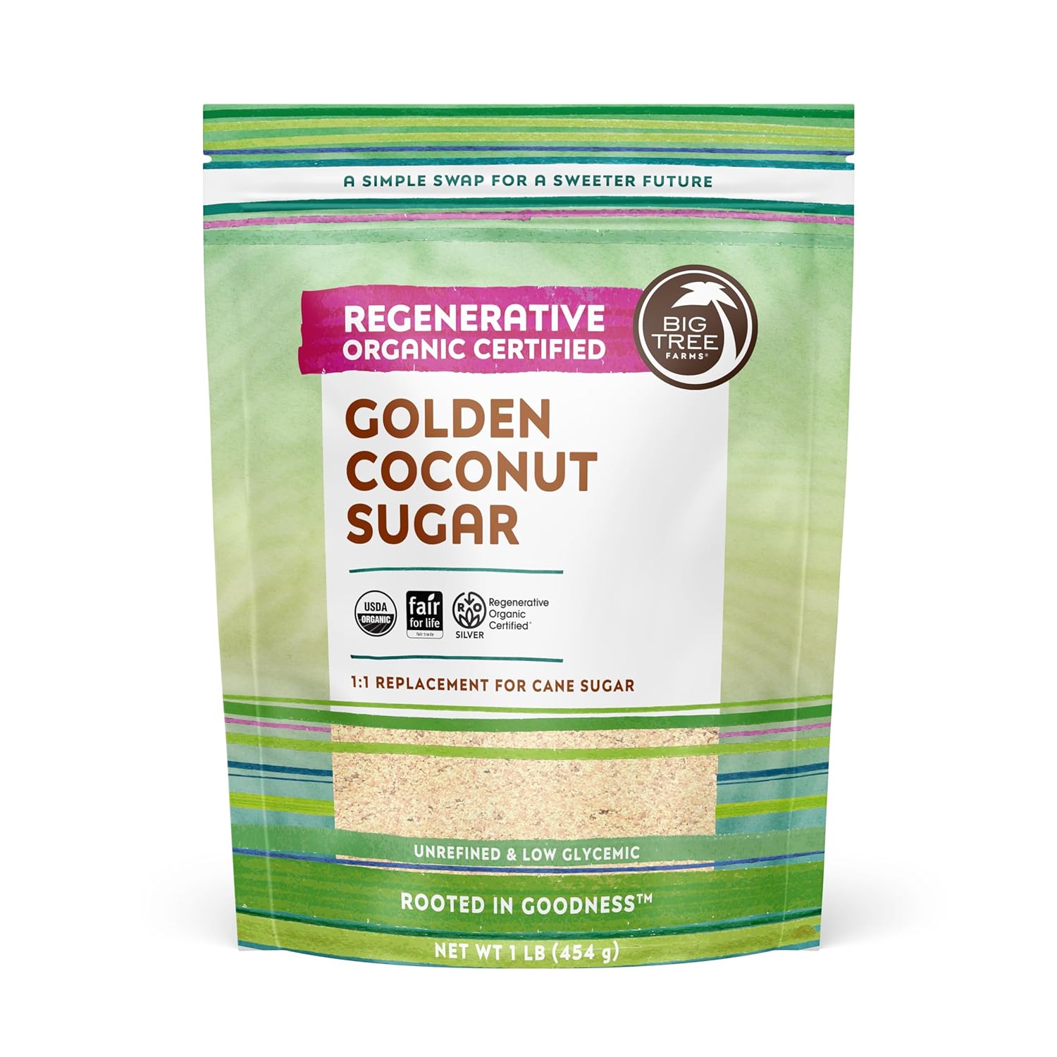 Big Tree Farms Organic Golden Coconut Sugar - Coconut Palm Sugar, Unrefined, Fine Crystals, Cane Sugar Replacement, Coconut Blossom Nectar, Vegan, Perfect for Baking - 1 Pound (Pack of 1)