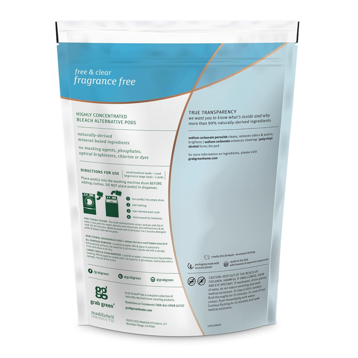 Grab Green Natural Bleach Alternative Pods, Non-Chlorine Bleach, Fragrance Free, Unscented/Free & Clear, 24 Loads