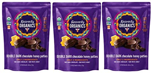 Heavenly Organics Double Dark Chocolate Honey Patties, 3 Bags Made with 100% Organic Cocoa and 100% Organic Raw White Honey; Non-GMO, Fair Trade, Kosher, Dairy & Gluten Free, No Sugar Added, Sweeten with Honey