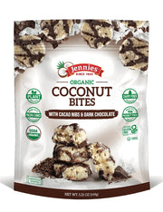 Jennies Organic Coconut Bites with Cacao Nibs and Dark Chocolate, 5.25oz | Gluten Free | Peanut Free | Dairy Free | Non GMO