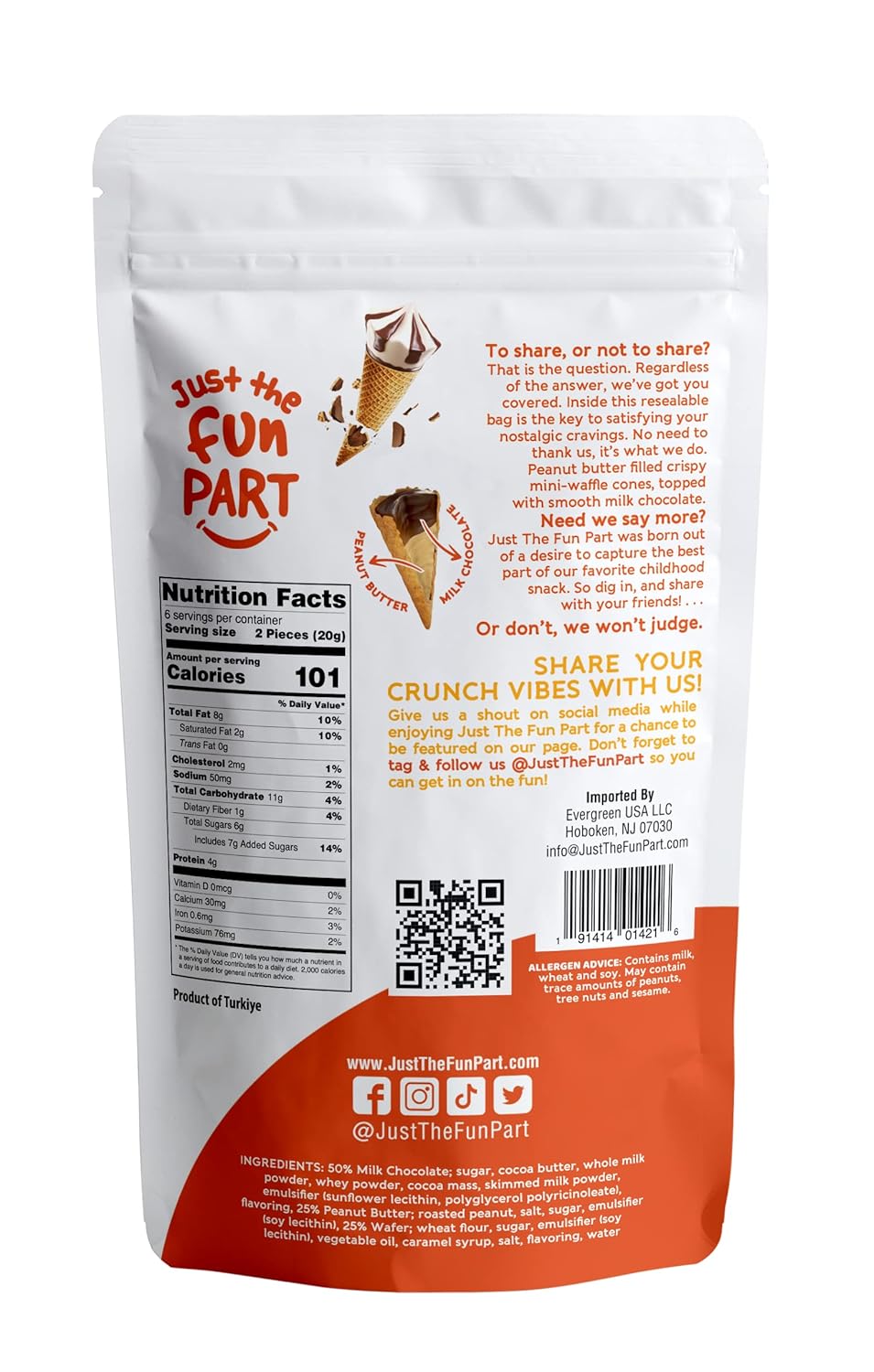 Just The Fun Part, Bite-Size Crispy Mini Waffle Cones, Filled with Premium Belgian Chocolate, Great for Snacks, Dessert, Grab & Go - Kosher, Peanut Butter and Milk Chocolate (Pack of 1)
