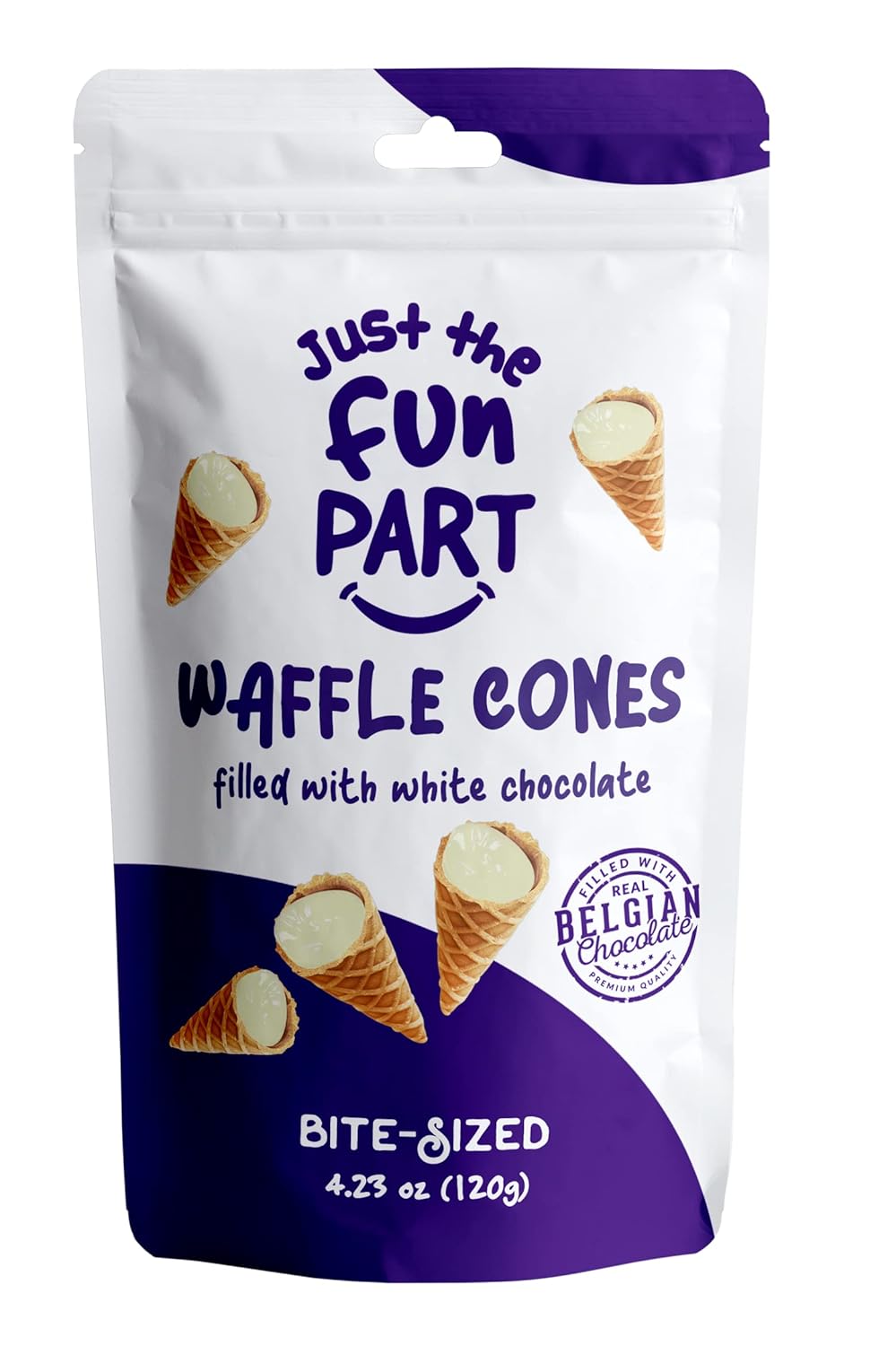 Just The Fun Part, Bite-Size Crispy Mini Waffle Cones, Filled With Premium Belgian White Chocolate, Great For Snacks, Desserts, Grab & Go - Kosher, White Chocolate, 4.23 Ounce (Pack of 1)