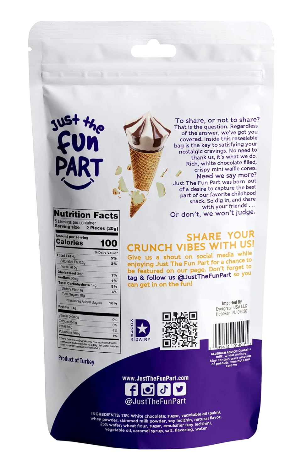 Just The Fun Part, Bite-Size Crispy Mini Waffle Cones, Filled With Premium Belgian White Chocolate, Great For Snacks, Desserts, Grab & Go - Kosher, White Chocolate, 4.23 Ounce (Pack of 1)