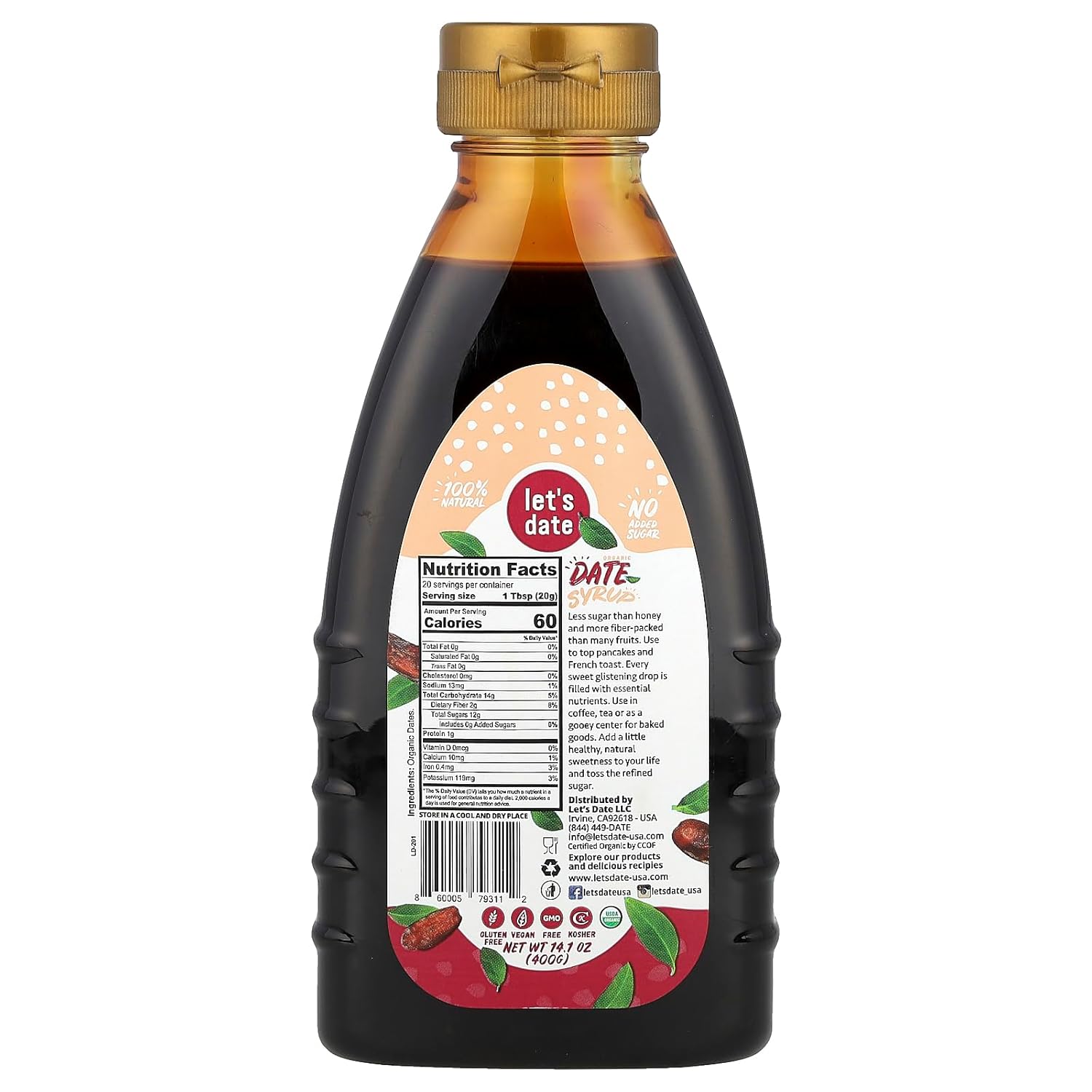 Let’s Date | Organic Date Syrup | Healthier Sugar Substitute | NO Added Sugar | Vegan | Paleo | Gluten Free | Kosher | Non- GMO | Natural Alternative Sweetener | Squeezable Bottle (14.1 oz)