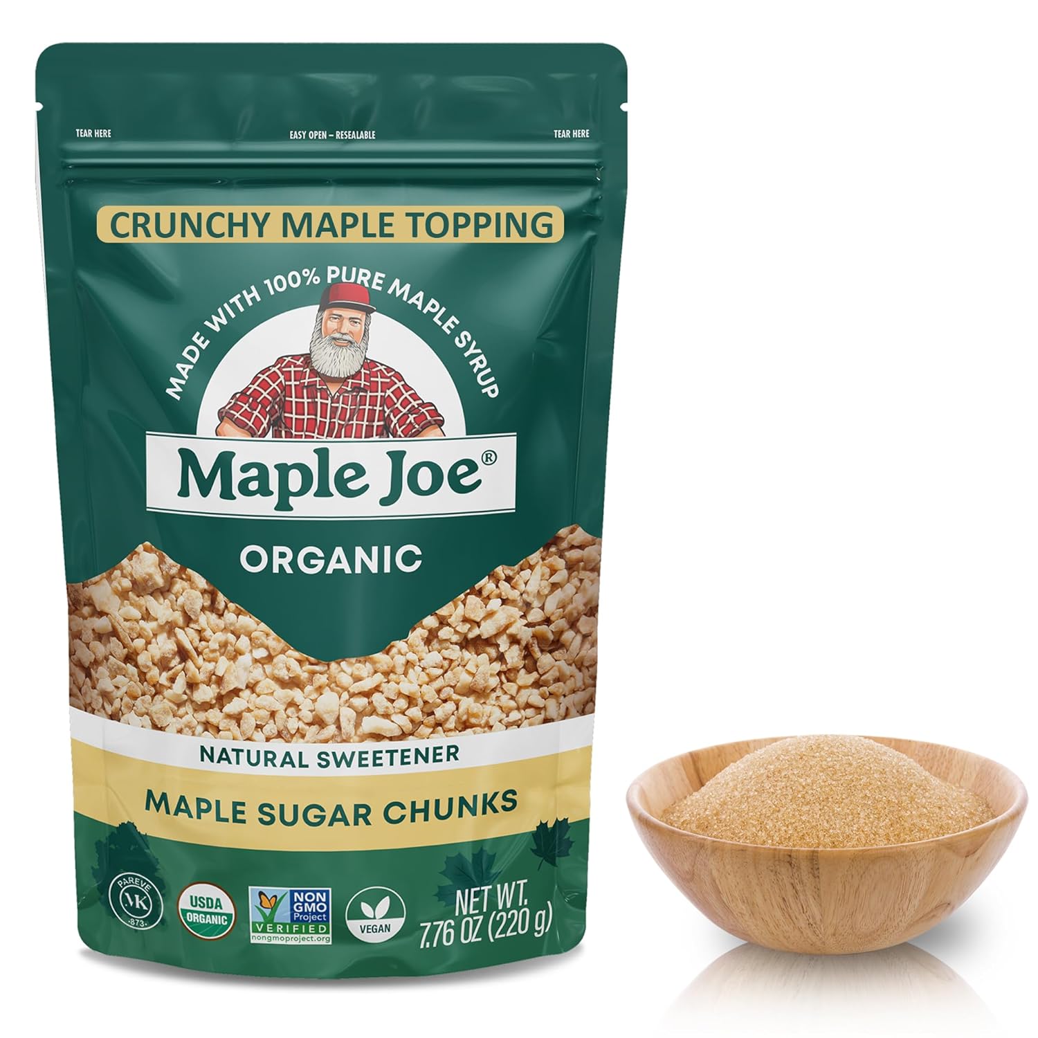 Maple Joe Organic Maple Sugar Sprinkles, Maple Flakes Made With Canadian 100% Pure Maple Syrup. Delicious With Coffee, Ice Cream, Yogurt & More Maple Sugar Granulated Chips Maple Chunks 7.8 oz
