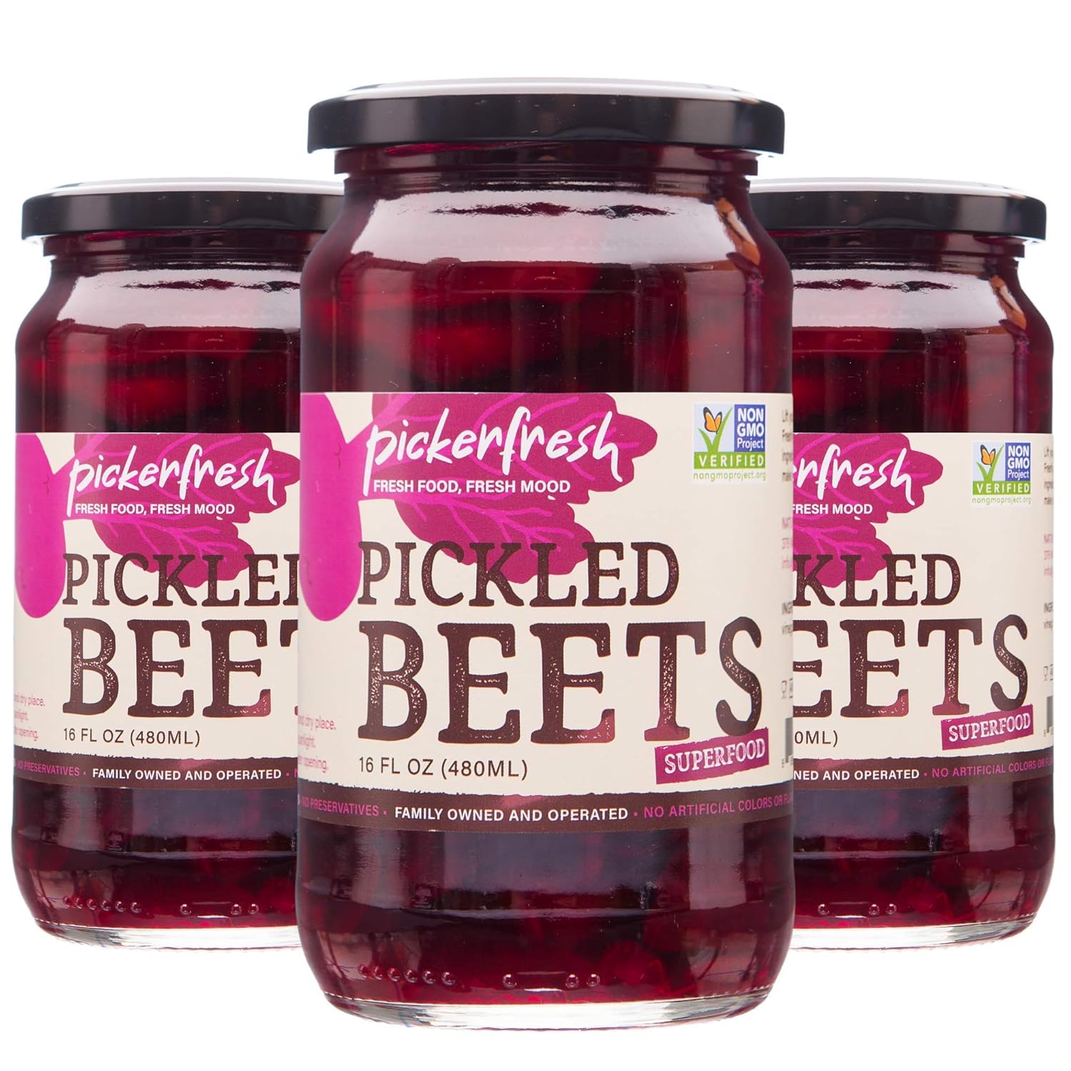 Pickerfresh Pickled Beets, 16 Oz, Pack of 3, 100% Natural and Certificated Crinkle Cut Sliced Beetroot, No Artificial Color, and No Preservatives, Non-GMO, Gluten Free, Kosher, Ready to Eat