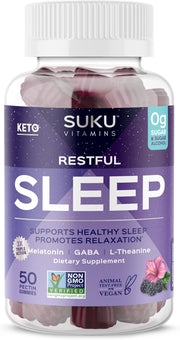 Restful Sleep - LTheanine & GABA Gummies for Natural Sleep, Relaxed Mind and Body, Easy to Chew - Non GMO, Gluten Sugar Free - BlackBerry-Hibiscus Flavored Melatonin Gummies, 50 Count