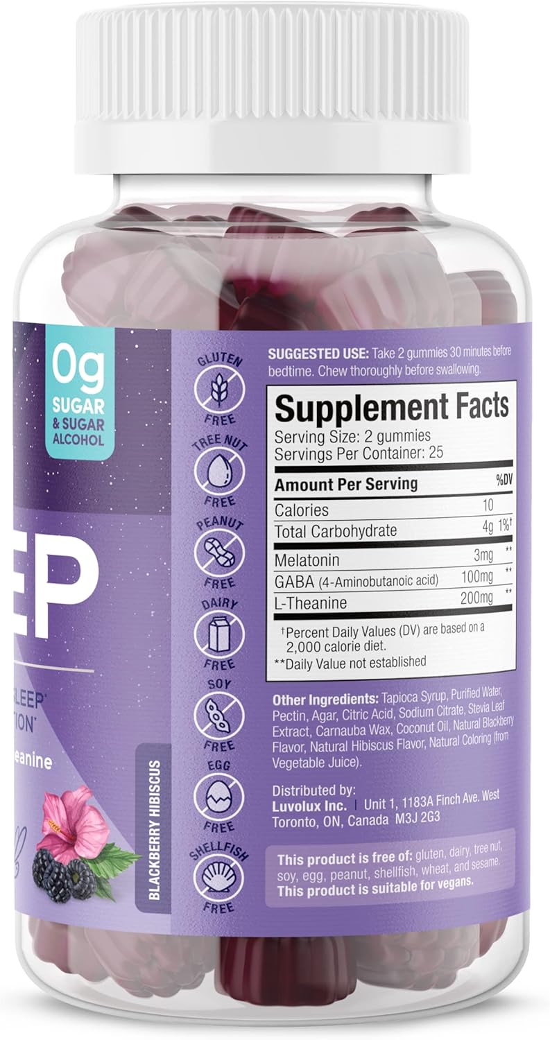 Restful Sleep - LTheanine & GABA Gummies for Natural Sleep, Relaxed Mind and Body, Easy to Chew - Non GMO, Gluten Sugar Free - BlackBerry-Hibiscus Flavored Melatonin Gummies, 50 Count
