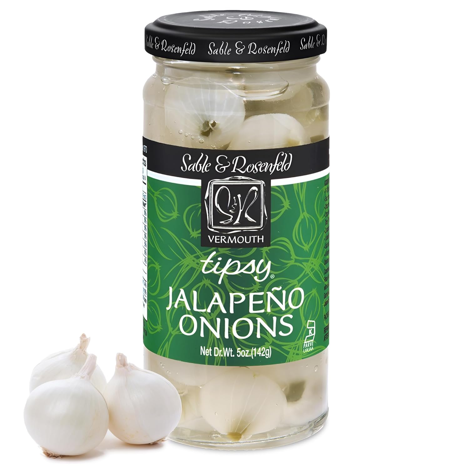 Tipsy Stuffed Jalapeno Cocktail Onions in Jar with French Vermouth - Pickled Silverskin Onions for Cocktails, Appetizers, and Hors d'Oeuvre - Sable & Rosenfeld - 5 oz (Pack 1)