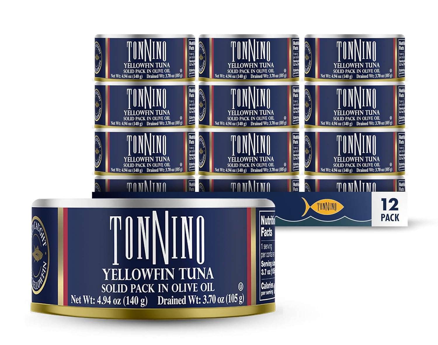 Tonnino Yellowfin Tuna Fish in Olive Oil - Pack of 12 – Alternative to Salmon – Protein Snacks – Ready to Eat Meals in Can