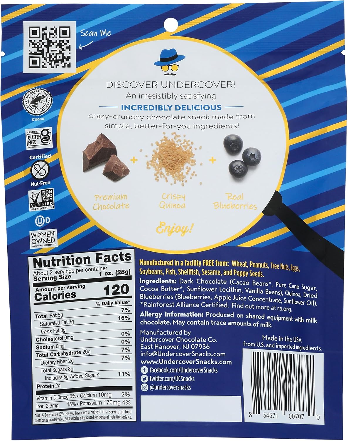 Undercover Chocolate CO Dark Chocolate + Blueberries Crispy Quinoa Snack, 2 OZ