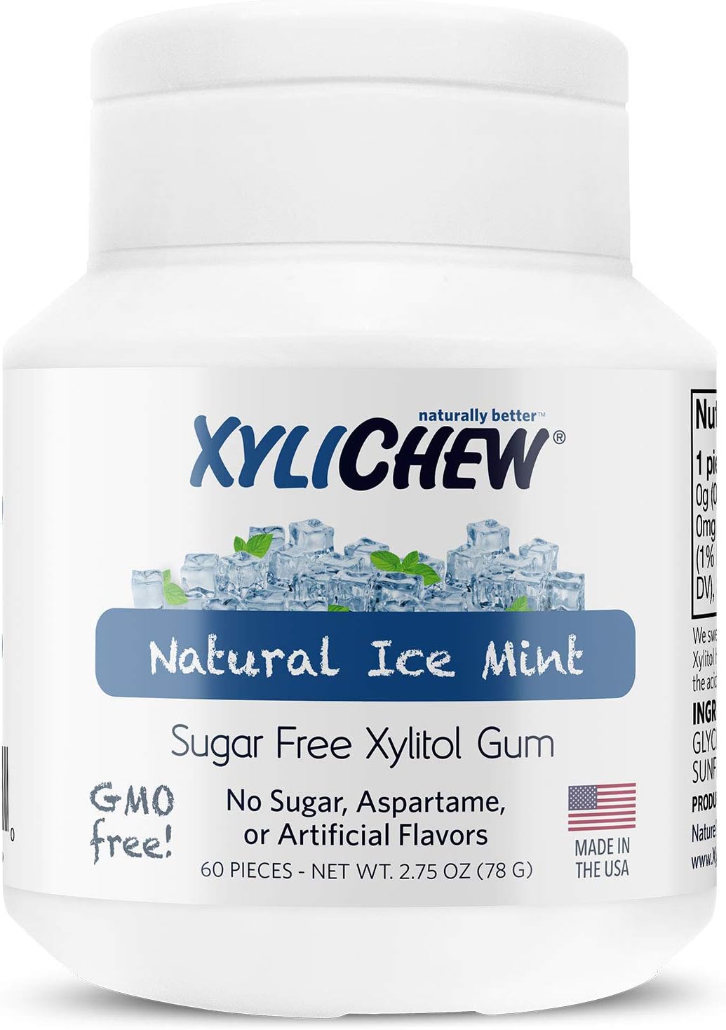 Xylichew 100% Xylitol Chewing Gum - Non GMO, Non Aspartame, Gluten Free, and Sugar Free Gum - Natural Oral Care, Relieves Bad Breath and Dry Mouth - Ice Mint, 60 Count