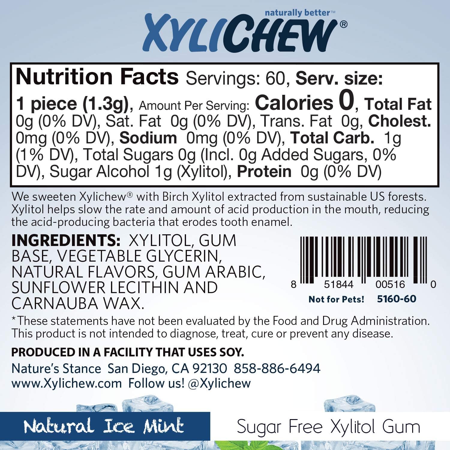 Xylichew 100% Xylitol Chewing Gum - Non GMO, Non Aspartame, Gluten Free, and Sugar Free Gum - Natural Oral Care, Relieves Bad Breath and Dry Mouth - Ice Mint, 60 Count