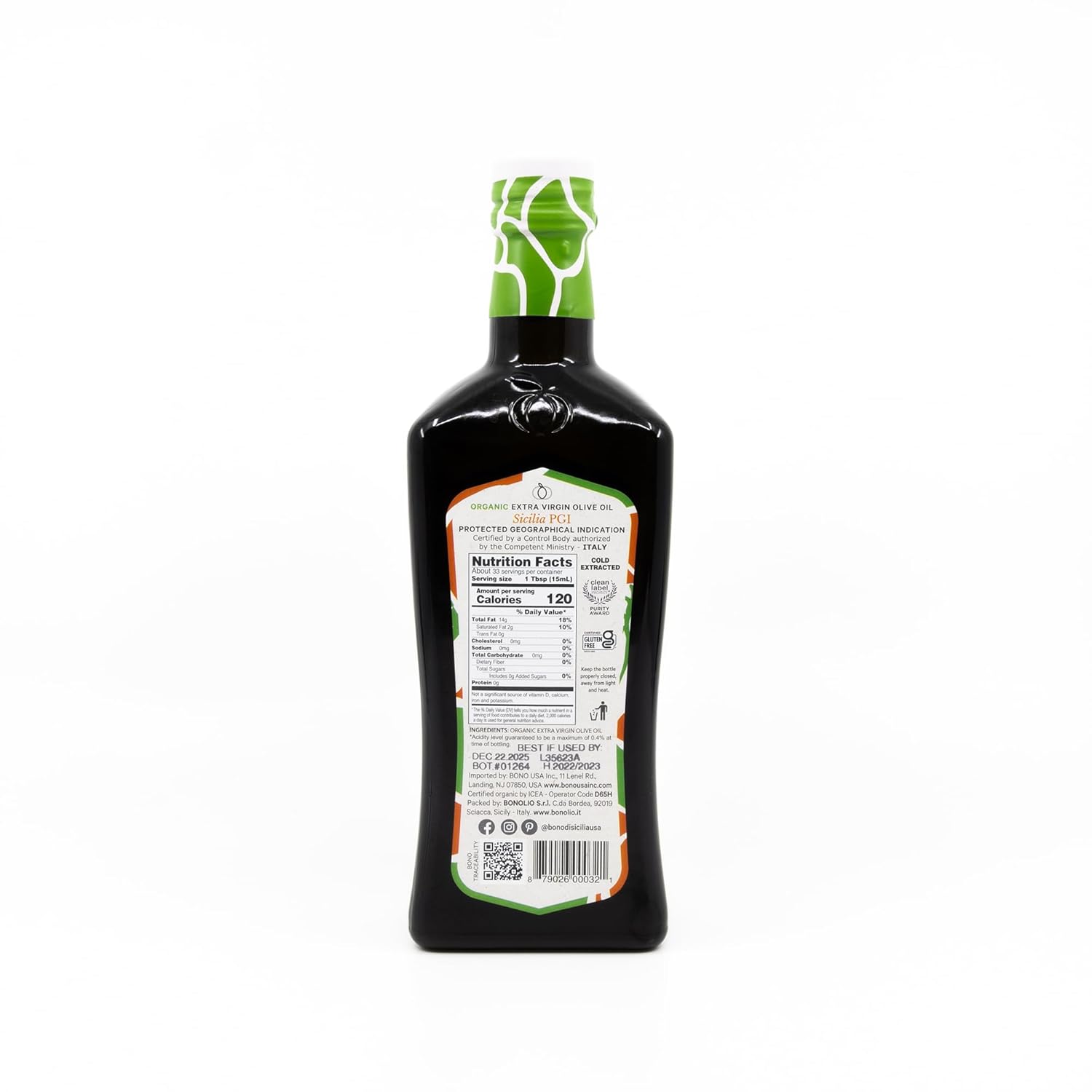 Bono Sicilian Extra Virgin Olive Oil | Organic | Sicilia PGI | 100% Italian Extra Virgin Olive Oil, 16.9 oz